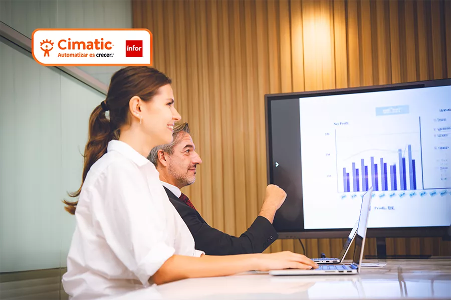 Cimatic Centralización Información ERP. Dos profesionales consultando un dashboard de gestión empresarial con un sistema.