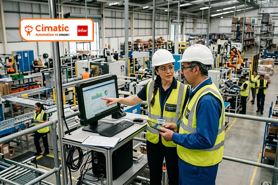 Ejemplos de ERP Cimatic. Supervisores de producción analizan indicadores en tiempo real desde una estación de trabajo dentro de una planta industrial automatizada, optimizando procesos y controlando operaciones de manufactura.