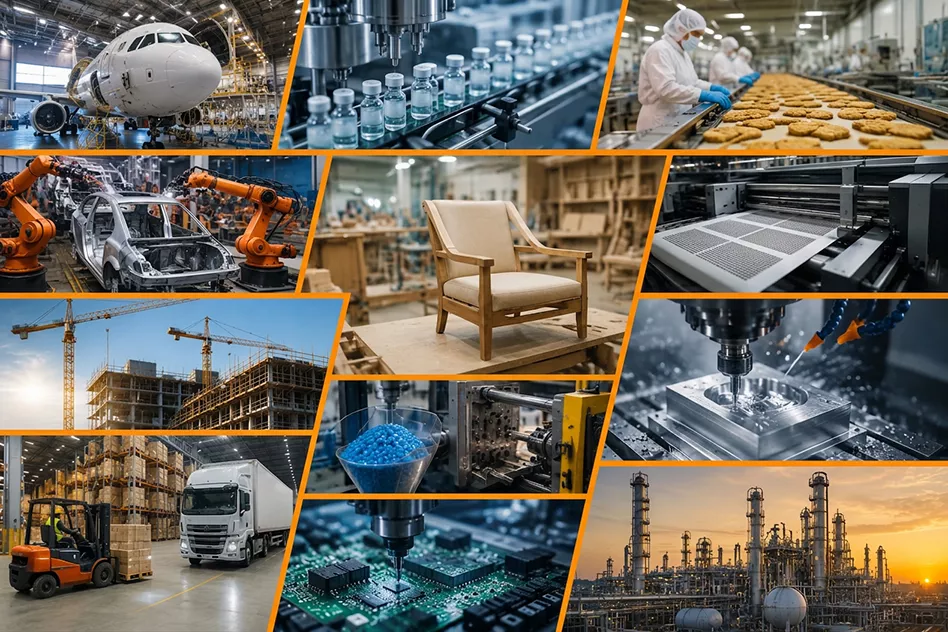 Ejemplos de ERP Cimatic. Industria de manufactura aeronáutica, alimentaria, automotriz, construcción, logística, electrónica, farmacéutica, gráfica, muebles, metalmecánica, plástica y química.