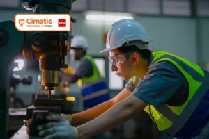 ERP Manufactura. Operador industrial supervisando una máquina de mecanizado en planta de producción, utilizando equipo de seguridad y chaleco reflejante, casco y lentes.