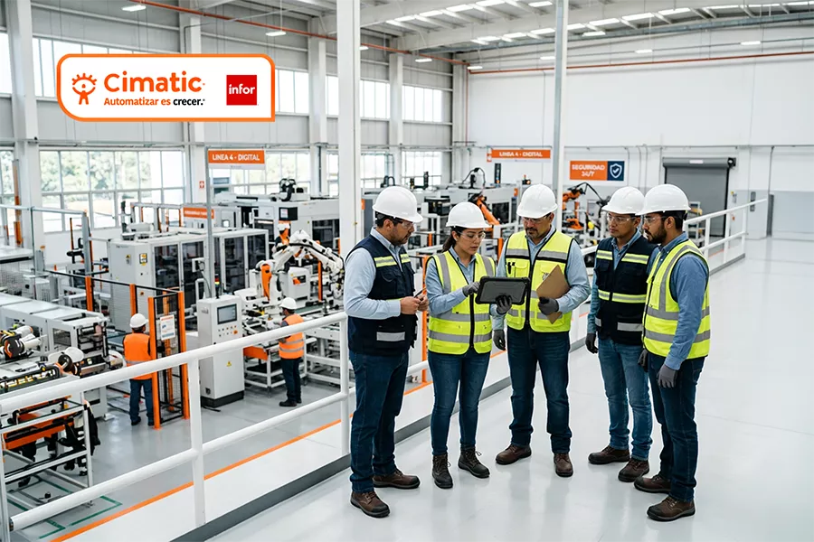 ERP México Cimatic. Equipo de ingenieros supervisando operaciones en una planta de manufactura moderna.