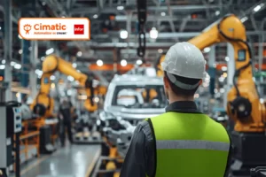 ERP México Que Industrias se Benefician Cimatic. Supervisor industrial monitoreando una línea de producción automatizada con robots y procesos de ensamblaje en una planta manufacturera moderna.