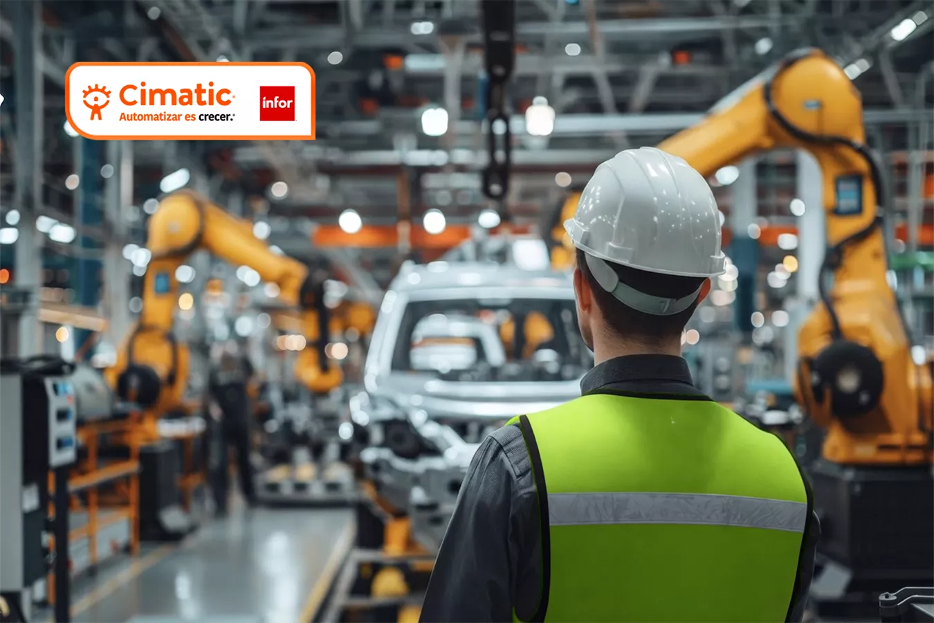 ERP México Que Industrias se Benefician Cimatic. Supervisor industrial monitoreando una línea de producción automatizada con robots y procesos de ensamblaje en una planta manufacturera moderna.